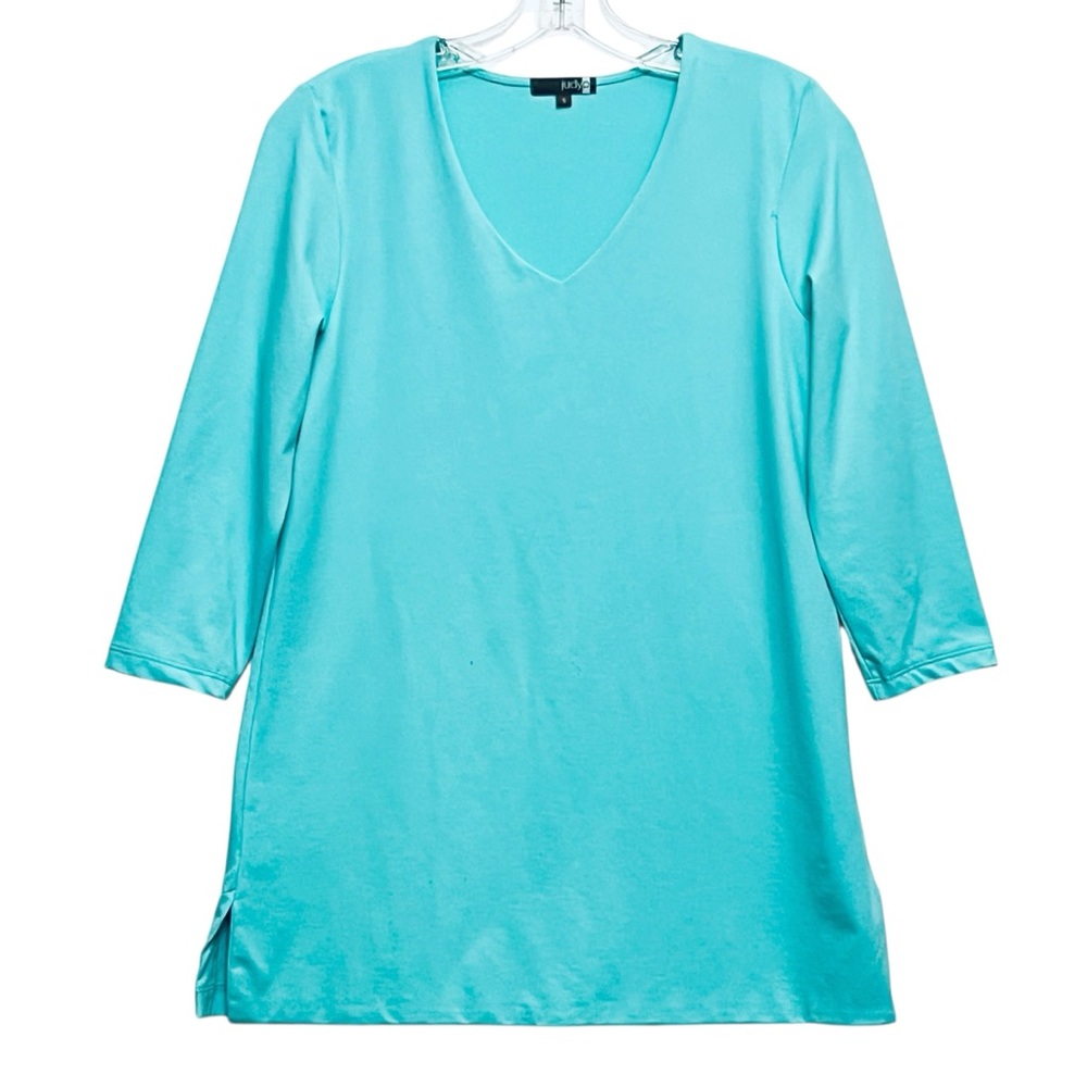 Judy P Top Tropical Tone Aqua Turquoise Microfiber V-Neck Long Sleeve Sz S
